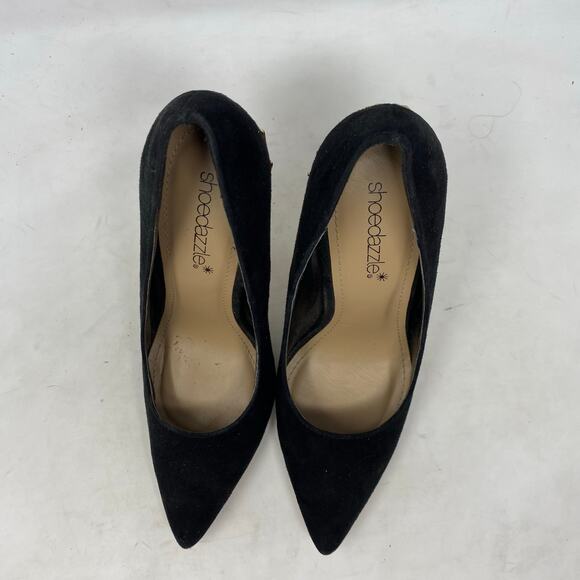ShoeDazzle Esperanza Black Suede Heels with Gold Stiletto Detail Size 7 - Picture 4 of 8